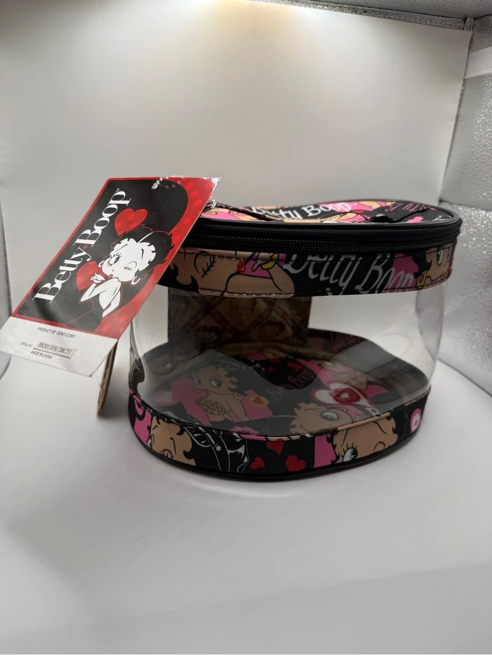 Betty Boop Clear Travel Pouch in Black and Pink Cartoon Print